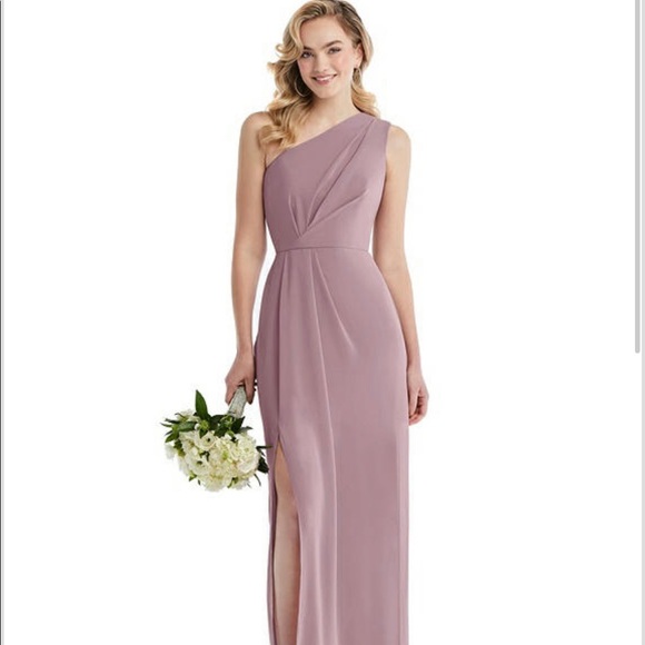 dusty rose one shoulder bridesmaid dress Bridesmaids Dresses Dusty Rose Flowy One Shoulder Long Sleeves Floor Length Chiffon Bridesmaid Dresses main image 1
